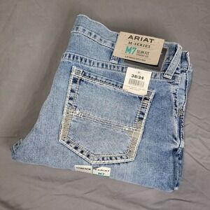 New Ariat M7 Jeans Mens 34x30 Slim Fit Straight Leg Blue Denim Cowboy NWT LW